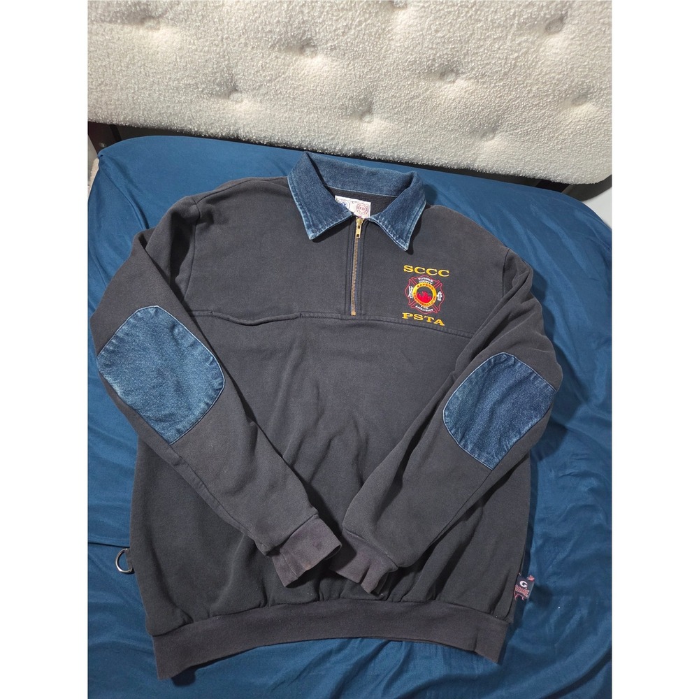 Vintage Game Workwear Fire Academy Quarter Zip Sweatshirt Denim Collar Mens L